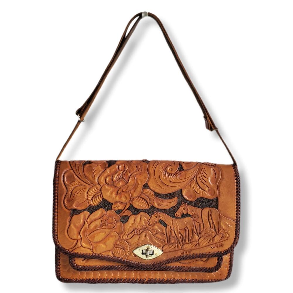 Vtg Mexican Hand Tooled Leather Bag Horses Roses Retro Boho Hippie Artsy Artisan